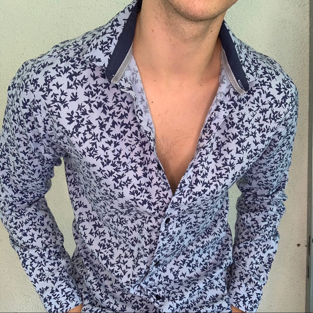 Zara slim fit button up light blue floral & birds